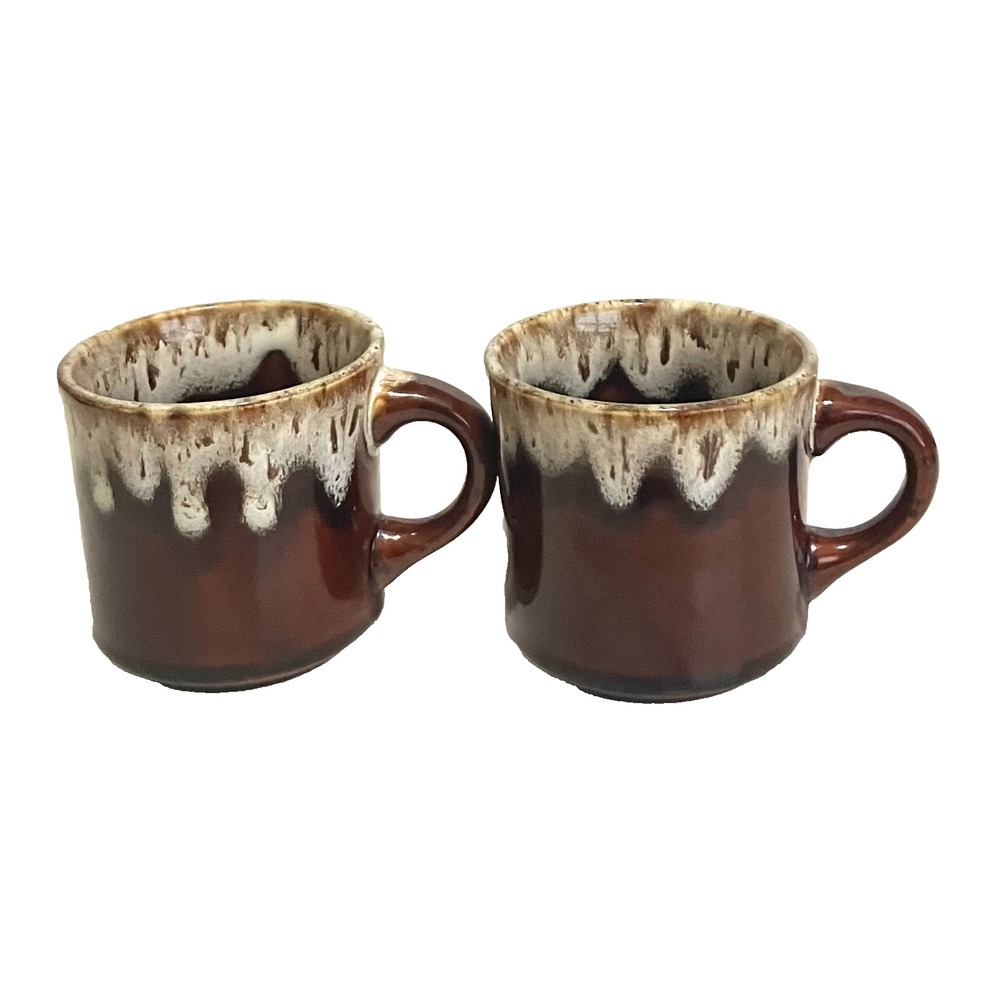 Vintage Brown Drip Glaze Coffee Cup / Mug D Handle Made in USA Set of 2